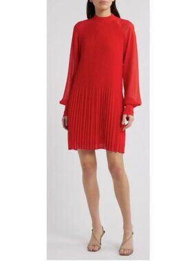 Boss Dolumi High Neck Blouson Pleated Red Long Sleeve Dress Size 8 New